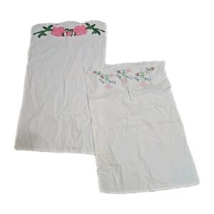 Lot of 2 Vtg Embroidered Hand Stitch Floral Cottagecore Standard Pillowcases